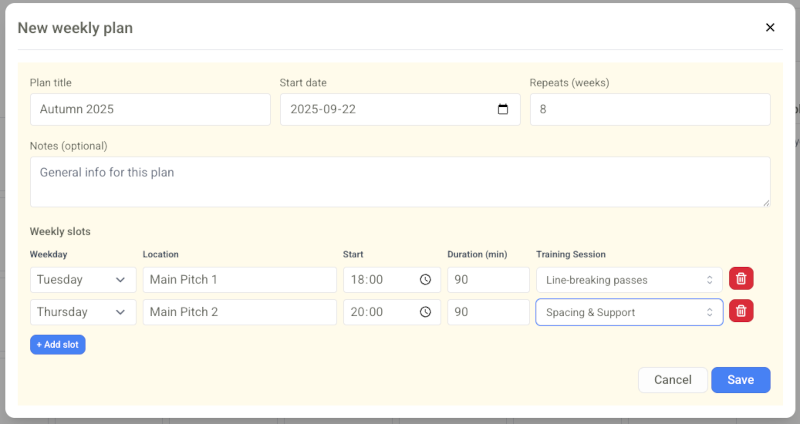 Weekly Plan with default sessions